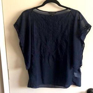 Navy Banana Republic sheer embroidered blouse